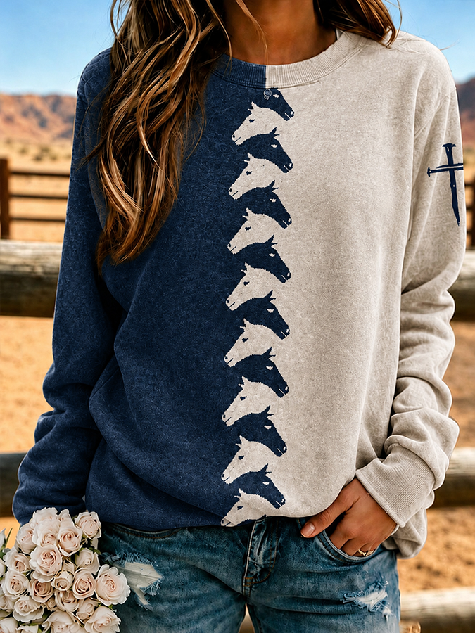 Women'S Western Style Cross Print Round Neck Sweatshirt