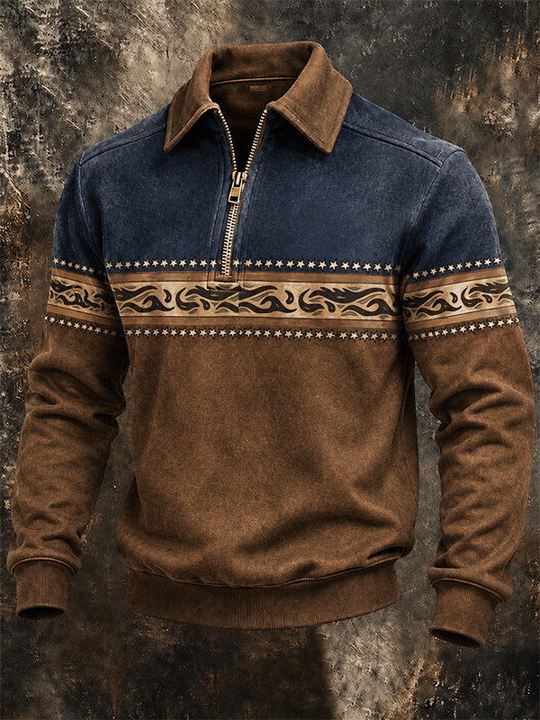 Men'S Star Flame Stripe Color Block Half Zip Collar Western Sweatshirt