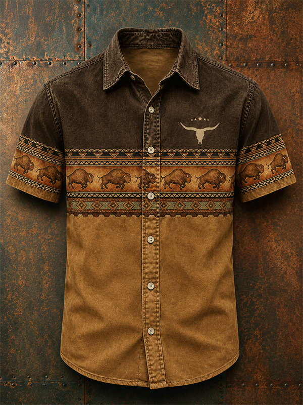 Men's Buffalo Longhorn Southwest Tribal Short Sleeve Button Shirt