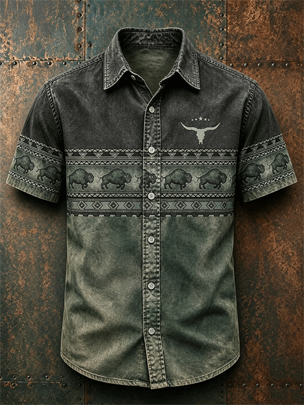 Men's Buffalo Longhorn Southwest Tribal Short Sleeve Button Shirt