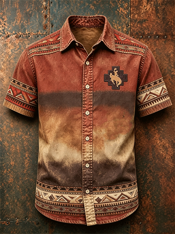 Men's Rodeo Cowboy Embroidery Tribal Border Gradient Western Shirt