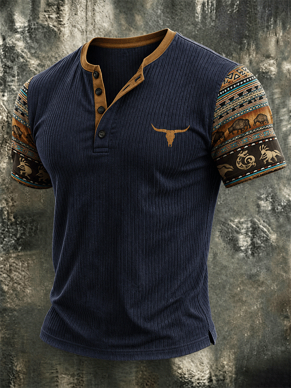 Men's Longhorn Southwest Animal Print Henley Tee