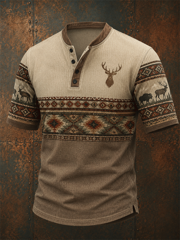 Men's Mountain Deer Southwest Geometric Print Henley Shirt
