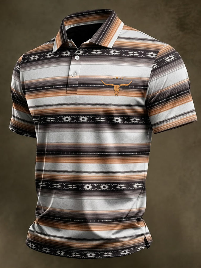 Men's Western Gradient Stripe Printed Polo Shirt