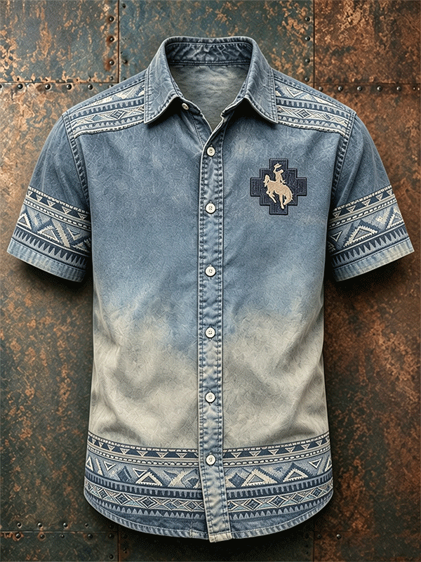 Men's Rodeo Cowboy Embroidery Tribal Border Gradient Western Shirt
