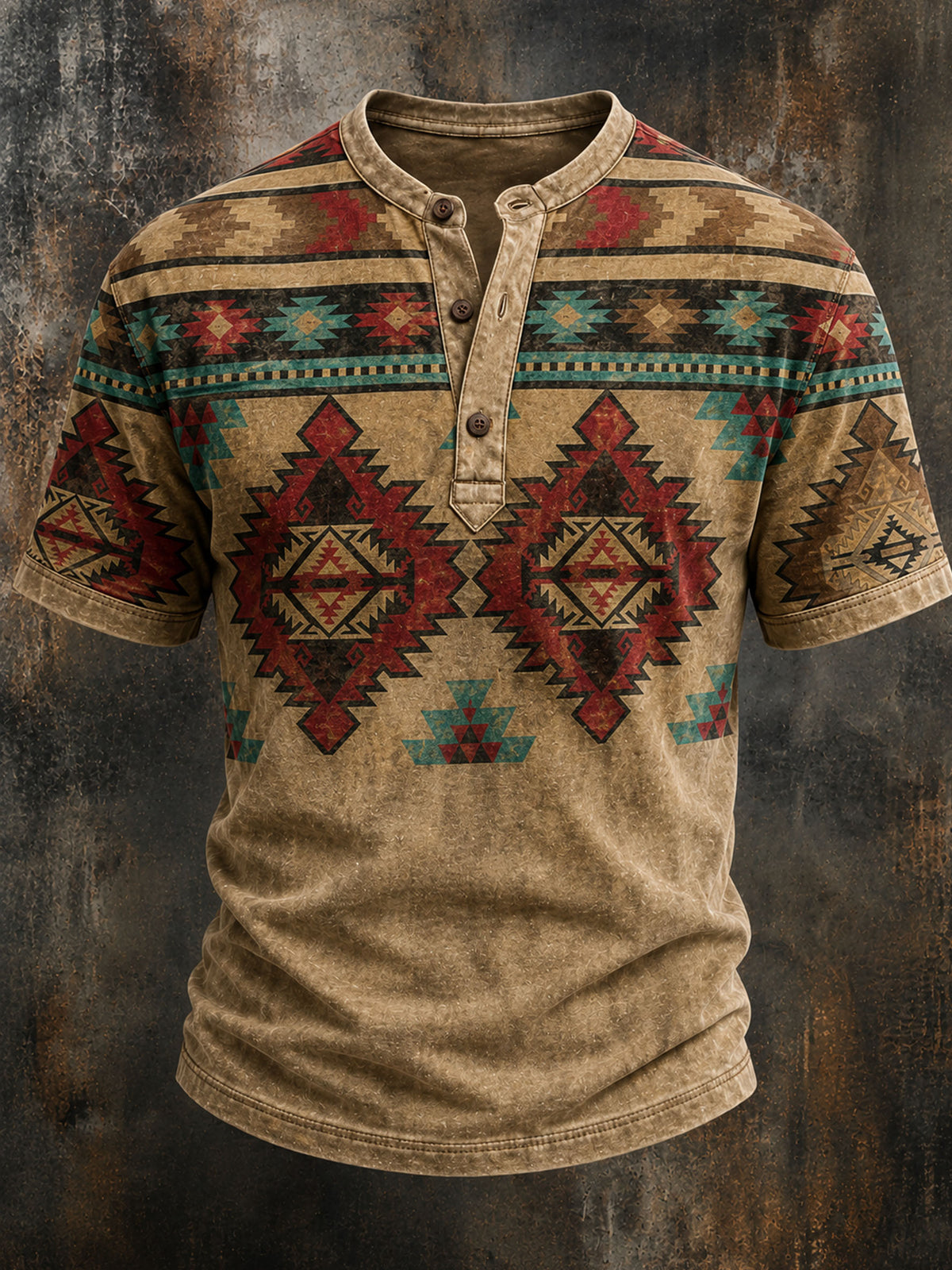 Men's Western Geometric Print Casual Henry Collar Top