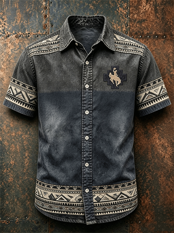 Men's Rodeo Cowboy Embroidery Tribal Border Gradient Western Shirt