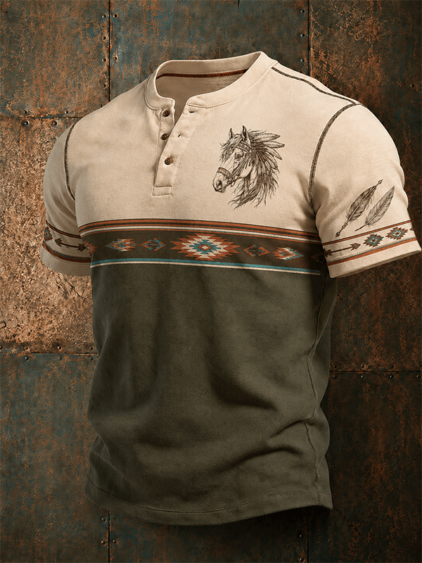 Men's Western Aztec Horse Graphic Henley T Shirt