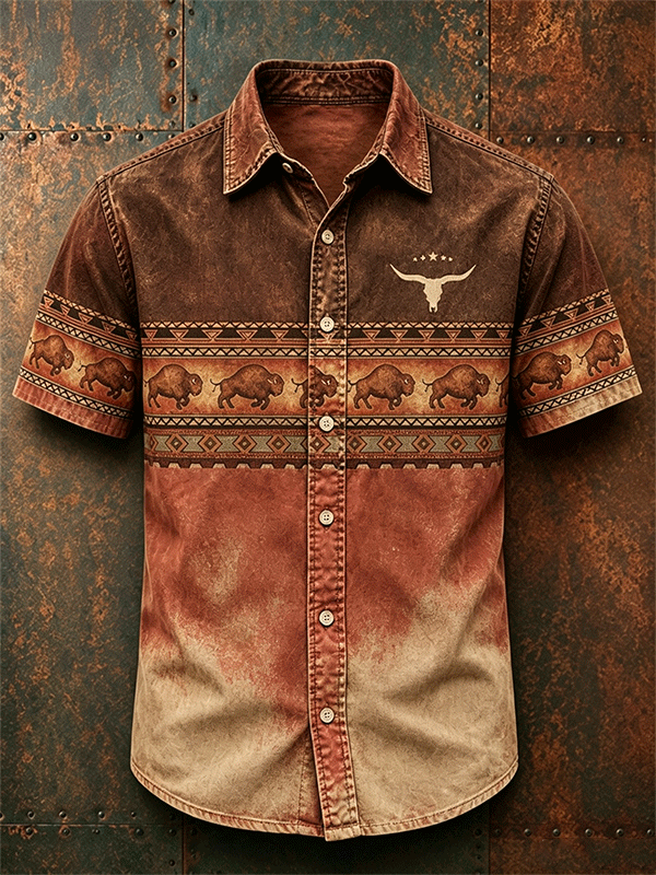 Men's Buffalo Longhorn Southwest Tribal Short Sleeve Button Shirt
