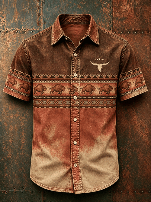 Men's Buffalo Longhorn Southwest Tribal Short Sleeve Button Shirt