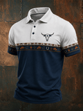 Men's Longhorn Skull Cactus Cowboy Aztec Color Block Polo Shirt