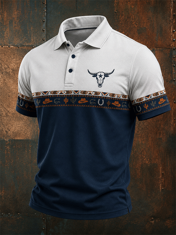 Men's Longhorn Skull Cactus Cowboy Aztec Color Block Polo Shirt