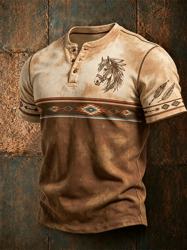 Men's Western Aztec Horse Graphic Henley T Shirt