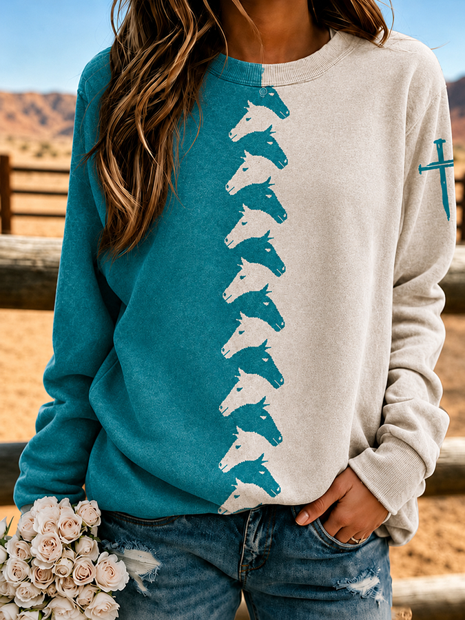Women'S Western Style Cross Print Round Neck Sweatshirt