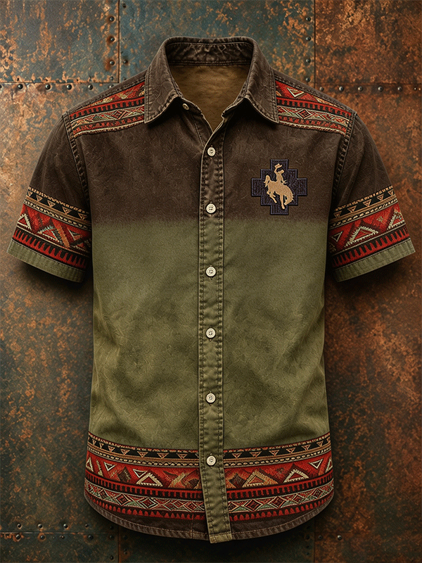 Men's Rodeo Cowboy Embroidery Tribal Border Gradient Western Shirt