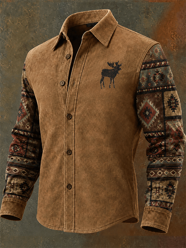 Men's Vintage Moose Navajo Pattern Button Down Western Shirt