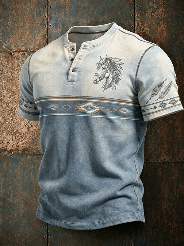 Men's Western Aztec Horse Graphic Henley T Shirt
