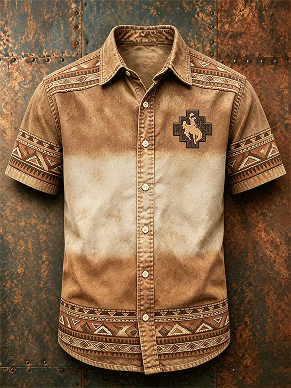 Men's Rodeo Cowboy Embroidery Tribal Border Gradient Western Shirt