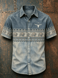 Men's Buffalo Longhorn Southwest Tribal Short Sleeve Button Shirt